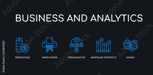 5 outline stroke blue money, mortgage statistics, organization, paper shder, percentage icons from business and analytics collection on black background. line editable linear thin icons.