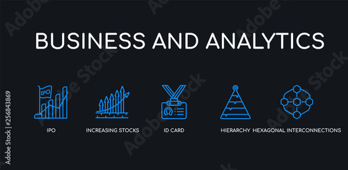 5 outline stroke blue hexagonal interconnections, hierarchy, id card, increasing stocks, ipo icons from business and analytics collection on black background. line editable linear thin icons.