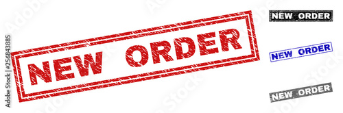 Grunge NEW ORDER rectangle stamp seals isolated on a white background. Rectangular seals with grunge texture in red, blue, black and gray colors.