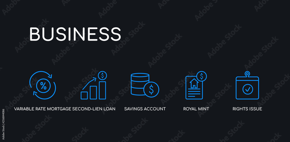 5 outline stroke blue rights issue, royal mint, savings account, second-lien loan, variable rate mortgage icons from business collection on black background. line editable linear thin icons. 5 outline stroke blue rights issue, royal mint, savings account, second-lien loan, variable rate mortgage icons from business collection on black background. line editable linear thin icons.