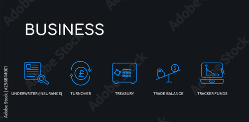 5 outline stroke blue tracker funds, trade balance, treasury, turnover, underwriter (insurance) icons from business collection on black background. line editable linear thin icons.