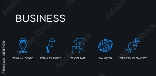 5 outline stroke blue tarp (troubled asset relief programme), tax haven, teaser rate, term assurance, terminal bonus icons from business collection on black background. line editable linear thin