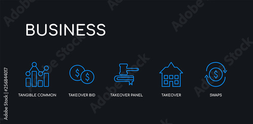 5 outline stroke blue swaps, takeover, takeover panel, takeover bid, tangible common equity ratio icons from business collection on black background. line editable linear thin icons.