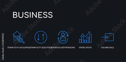 5 outline stroke blue square mile, stagflation, stakeholder pensions, stamp duty (equities), stamp duty (housing) icons from business collection on black background. line editable linear thin icons.