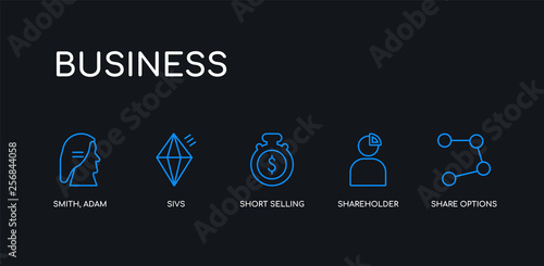 5 outline stroke blue share options, shareholder, short selling, sivs, smith, adam icons from business collection on black background. line editable linear thin icons.