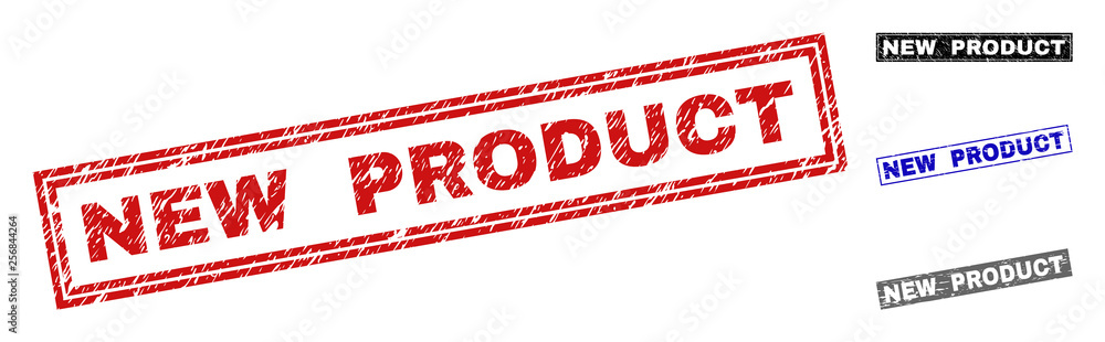 Grunge NEW PRODUCT rectangle stamp seals isolated on a white background. Rectangular seals with distress texture in red, blue, black and gray colors. Grunge NEW PRODUCT rectangle stamp seals isolated on a white background. Rectangular seals with distress texture in red, blue, black and gray colors.