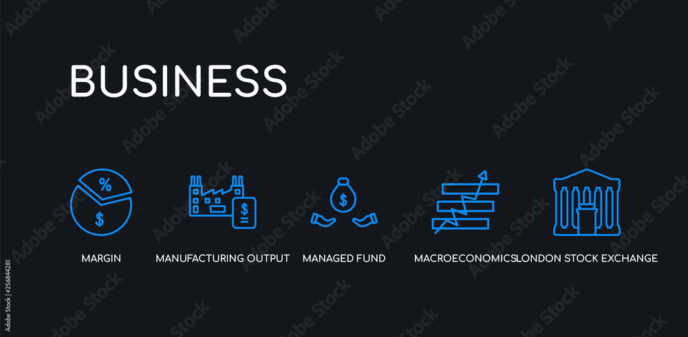 Fototapeta premium 5 outline stroke blue london stock exchange, macroeconomics, managed fund, manufacturing output, margin icons from business collection on black background. line editable linear thin icons.