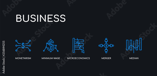 5 outline stroke blue median, merger, microeconomics, minimum wage, monetarism icons from business collection on black background. line editable linear thin icons.