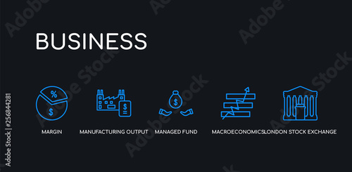 5 outline stroke blue london stock exchange, macroeconomics, managed fund, manufacturing output, margin icons from business collection on black background. line editable linear thin icons.