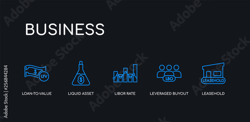 5 outline stroke blue leasehold, leveraged buyout, libor rate, liquid asset, loan-to-value icons from business collection on black background. line editable linear thin icons.