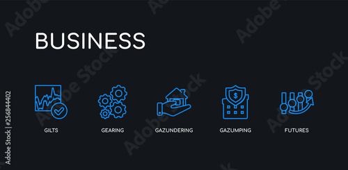 5 outline stroke blue futures, gazumping, gazundering, gearing, gilts icons from business collection on black background. line editable linear thin icons.