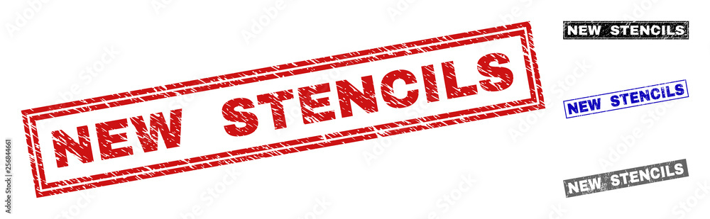 Grunge NEW STENCILS rectangle stamp seals isolated on a white background. Rectangular seals with grunge texture in red, blue, black and gray colors. Grunge NEW STENCILS rectangle stamp seals isolated on a white background. Rectangular seals with grunge texture in red, blue, black and gray colors.