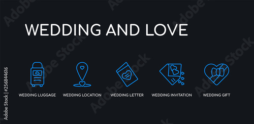 5 outline stroke blue wedding gift, wedding invitation, wedding letter, location, luggage icons from and love collection on black background. line editable linear thin icons.