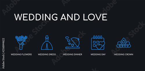 5 outline stroke blue wedding crown, wedding day, wedding dinner, dress, flowers icons from and love collection on black background. line editable linear thin icons.
