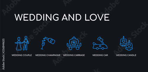 5 outline stroke blue wedding candle, wedding car, wedding carriage, champagne, couple icons from and love collection on black background. line editable linear thin icons.