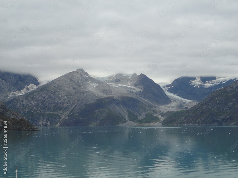 Mountains with snow and glaciers along the inside passage in Alaska