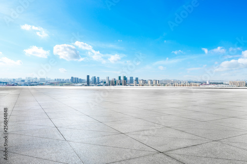 Panoramic city skyline and buildings with empty square floor in Shanghai,high angle view
