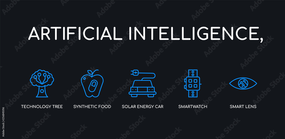 Naklejka premium 5 outline stroke blue smart lens, smartwatch, solar energy car, synthetic food, technology tree icons from artificial intelligence, collection on black background. line editable linear thin icons.