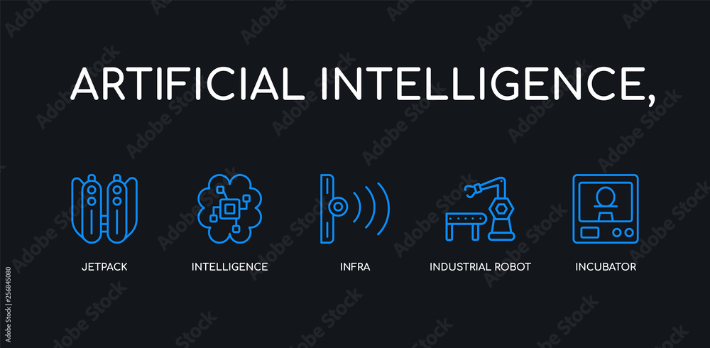 Obraz premium 5 outline stroke blue incubator, industrial robot, infra, intelligence, jetpack icons from artificial intelligence, collection on black background. line editable linear thin icons.