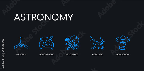 5 outline stroke blue abduction, aerolite, aerospace, aerosphere, airscrew icons from astronomy collection on black background. line editable linear thin icons.