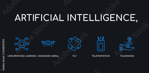 5 outline stroke blue telekinesis, teleportation, tilt, unmanned aerial vehicle, unsupervised learning icons from artificial intelligence, collection on black background. line editable linear thin