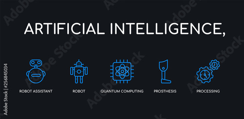 5 outline stroke blue processing, prosthesis, quantum computing, robot, robot assistant icons from artificial intelligence, collection on black background. line editable linear thin icons.