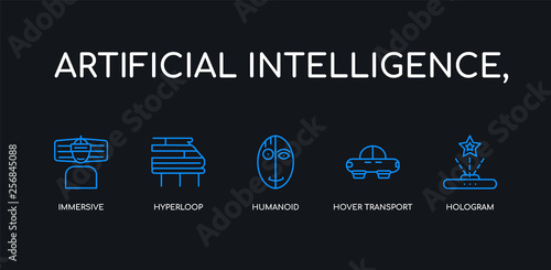 5 outline stroke blue hologram, hover transport, humanoid, hyperloop, immersive icons from artificial intelligence, collection on black background. line editable linear thin icons.