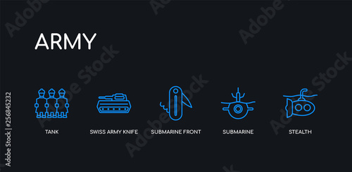 5 outline stroke blue stealth, submarine, submarine front view, swiss army knife, tank icons from army collection on black background. line editable linear thin icons.
