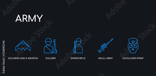 5 outline stroke blue shoulder strap, skull army, sniper rifle, soldier, soldiers and a weapon icons from army collection on black background. line editable linear thin icons.