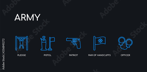 5 outline stroke blue officer, pair of handcuffs, patriot, pistol, pledge icons from army collection on black background. line editable linear thin icons.