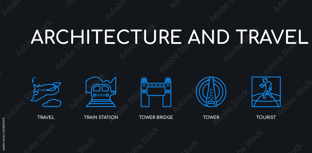 5 outline stroke blue tourist, tower, tower bridge, train station, travel icons from architecture and travel collection on black background. line editable linear thin icons. 5 outline stroke blue tourist, tower, tower bridge, train station, travel icons from architecture and travel collection on black background. line editable linear thin icons.