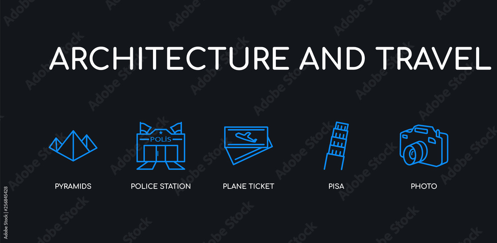 5 outline stroke blue photo, pisa, plane ticket, police station, pyramids icons from architecture and travel collection on black background. line editable linear thin icons. 5 outline stroke blue photo, pisa, plane ticket, police station, pyramids icons from architecture and travel collection on black background. line editable linear thin icons.