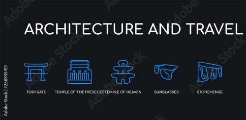 5 outline stroke blue stonehenge, sunglasses, temple of heaven, temple of the frescoes, torii gate icons from architecture and travel collection on black background. line editable linear thin icons.