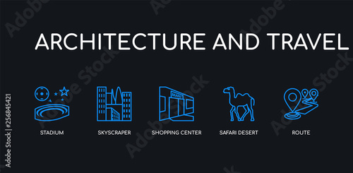 5 outline stroke blue route, safari desert, shopping center, skyscraper, stadium icons from architecture and travel collection on black background. line editable linear thin icons.