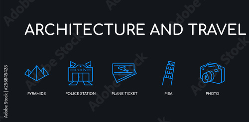 5 outline stroke blue photo, pisa, plane ticket, police station, pyramids icons from architecture and travel collection on black background. line editable linear thin icons.