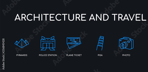 5 outline stroke blue photo  pisa  plane ticket  police station  pyramids icons from architecture and travel collection on black background. line editable linear thin icons.