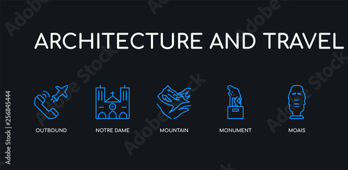 5 outline stroke blue moais, monument, mountain, notre dame, outbound icons from architecture and travel collection on black background. line editable linear thin icons.