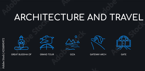 Quadro em tela 5 outline stroke blue gate, gateway arch, giza, grand tour, great buddha of thailand icons from architecture and travel collection on black background