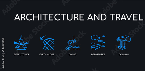 5 outline stroke blue column, departures, diving, earth globe, eiffel tower icons from architecture and travel collection on black background. line editable linear thin icons.