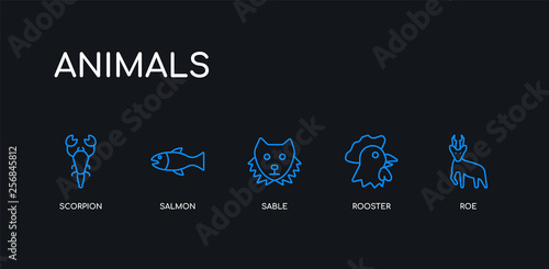 5 outline stroke blue roe, rooster, sable, salmon, scorpion icons from animals collection on black background. line editable linear thin icons.