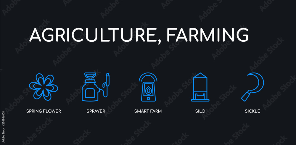 Naklejka premium 5 outline stroke blue sickle, silo, smart farm, sprayer, spring flower icons from agriculture, farming collection on black background. line editable linear thin icons.