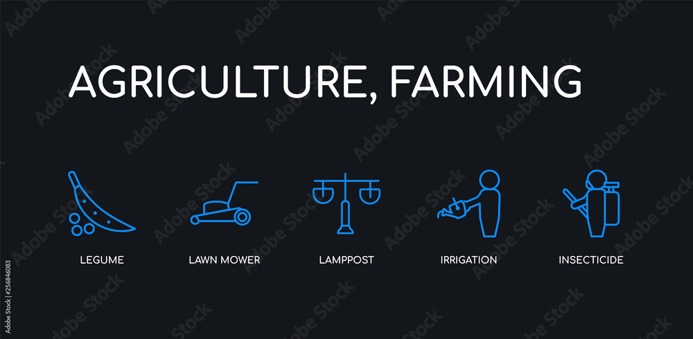 Naklejka premium 5 outline stroke blue insecticide, irrigation, lamppost, lawn mower, legume icons from agriculture, farming collection on black background. line editable linear thin icons.