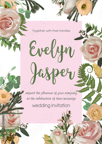 Wedding invite invitation card vector floral with pink rose flowers, eustoma cream, brunia, green fern, eucalyptus, branches buxus. Decorative square, template