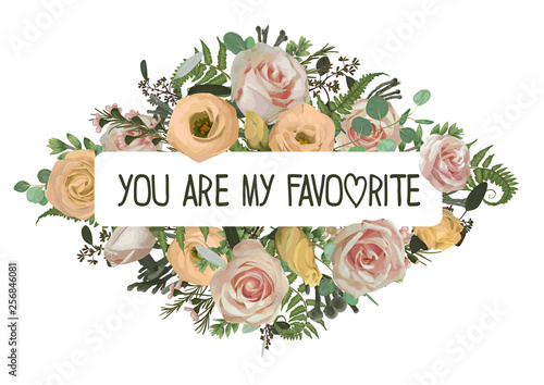 Invitation card vector floral with pink rose flowers, eustoma cream, brunia, green fern, eucalyptus, branches buxus.design frame.Wedding seasonal flower card.Floral square, rectangle composition