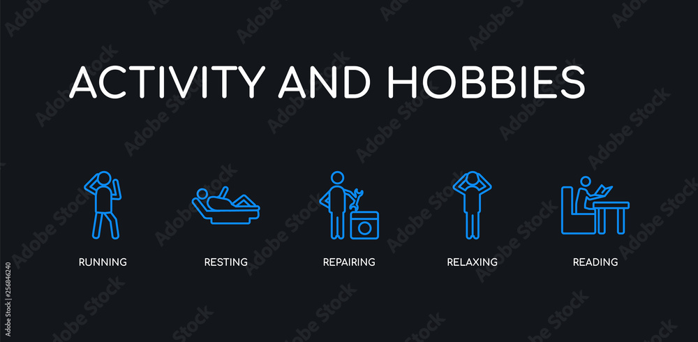 5 outline stroke blue reading, relaxing, repairing, resting, running icons from activity and hobbies collection on black background. line editable linear thin icons. 5 outline stroke blue reading, relaxing, repairing, resting, running icons from activity and hobbies collection on black background. line editable linear thin icons.
