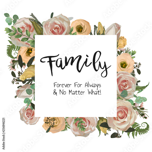Invitation card vector floral with pink rose flowers, eustoma cream, brunia, green fern, eucalyptus, branches buxus.design frame.Wedding seasonal flower card.Floral square, rectangle composition