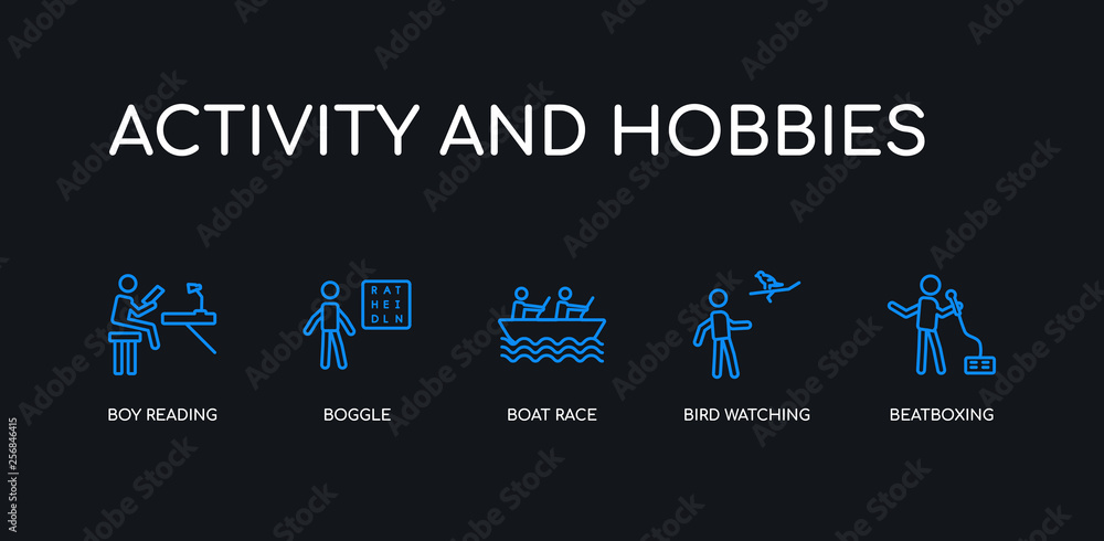 5 outline stroke blue beatboxing, bird watching, boat race, boggle, boy reading icons from activity and hobbies collection on black background. line editable linear thin icons.