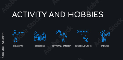 5 outline stroke blue brewing, bungee jumping, butterfly catcher, checkers, cigarette icons from activity and hobbies collection on black background. line editable linear thin icons.
