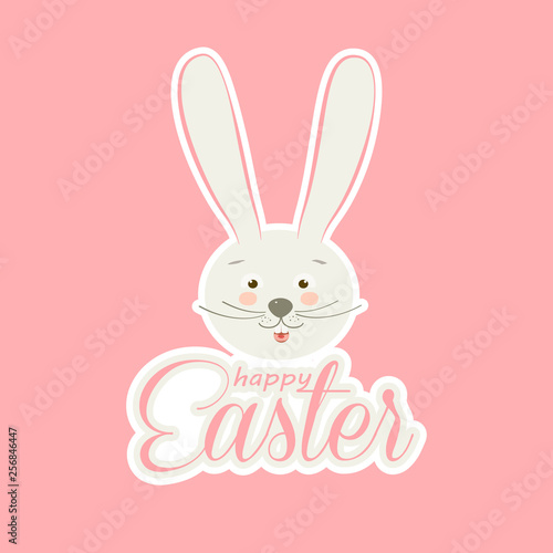 Happy Easter calligraphy greeting card Easter Eggs Hunt  bunny character icon  cartoon rabbit animal  minimalist trendy style line art design fashion banner sale sign. Spring Holiday floral decoration