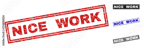 Grunge NICE WORK rectangle stamp seals isolated on a white background. Rectangular seals with grunge texture in red, blue, black and gray colors.